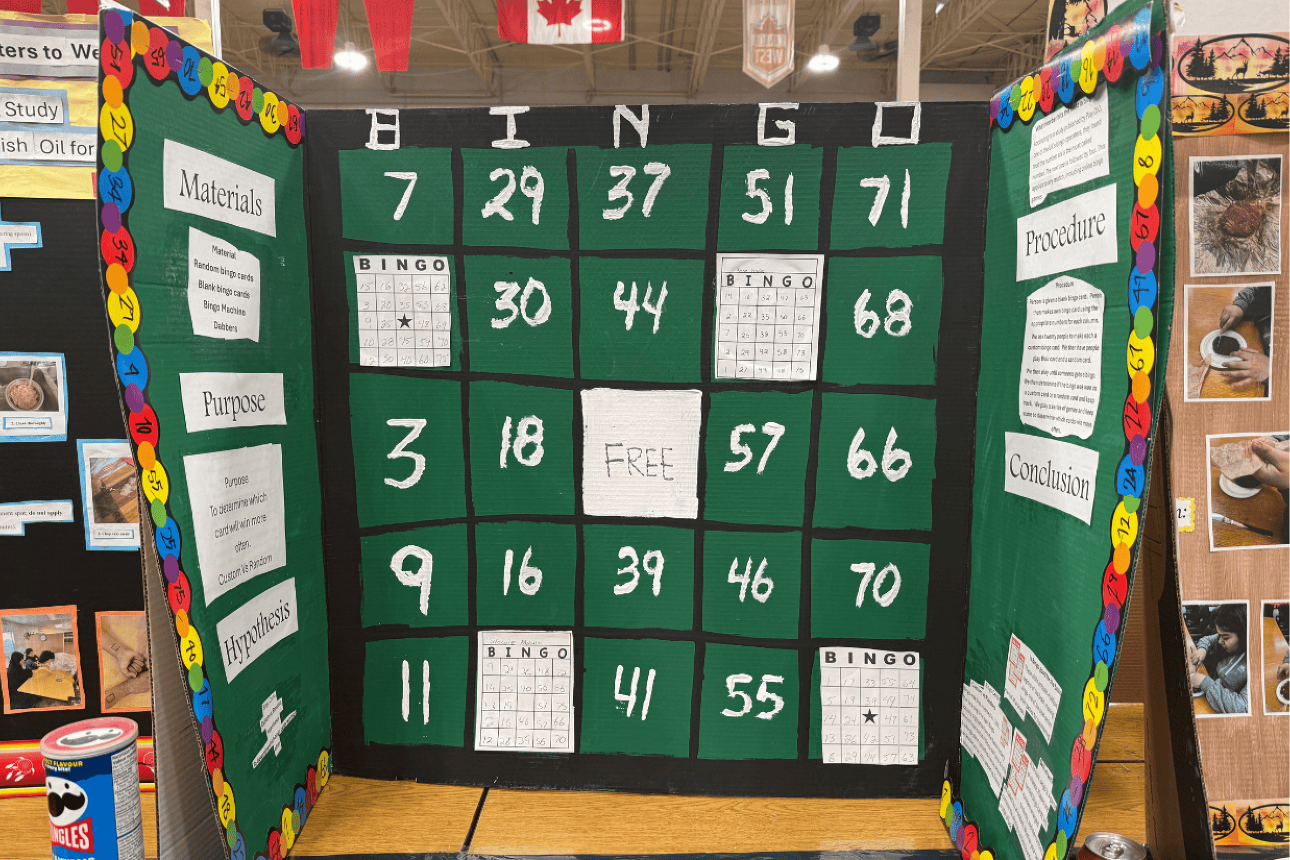 Student presenting a science project, holding test tubes in front of a display board