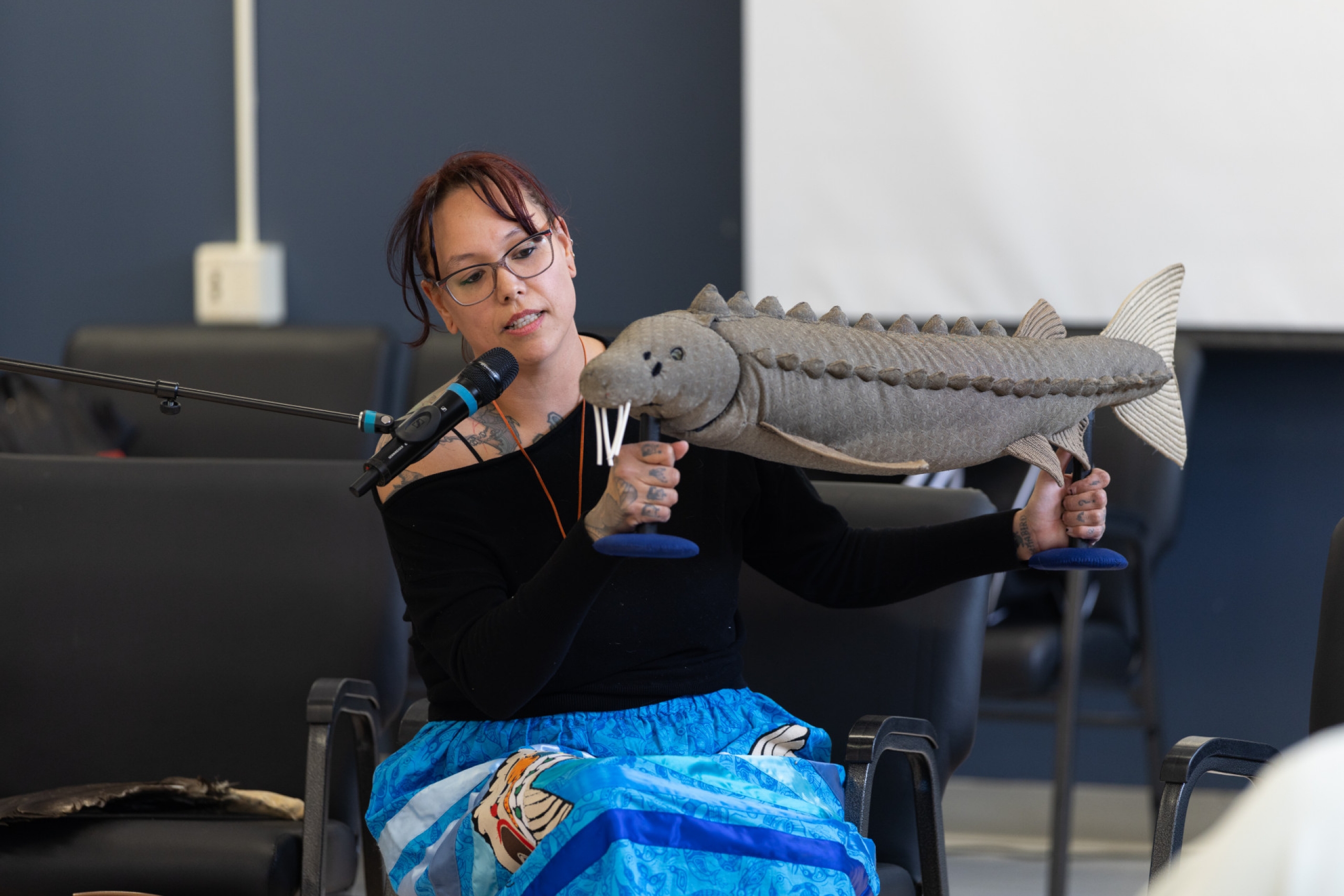 Taylor Galvin with sturgeon puppet Kookum Nameo