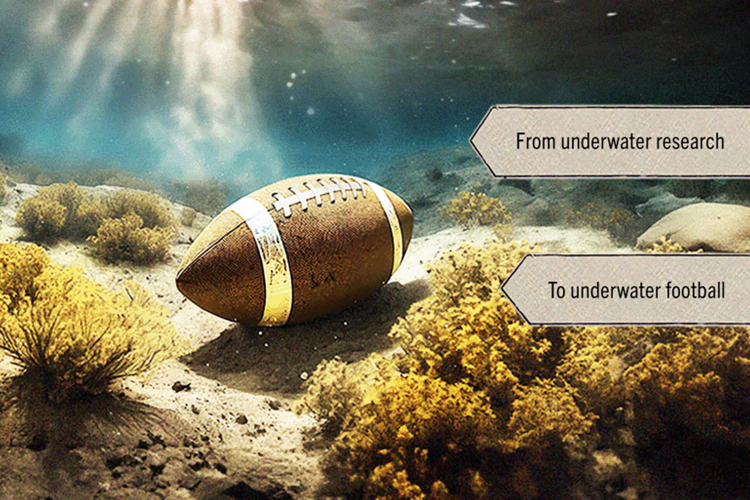 A conceptual photo of a football under water in a lake