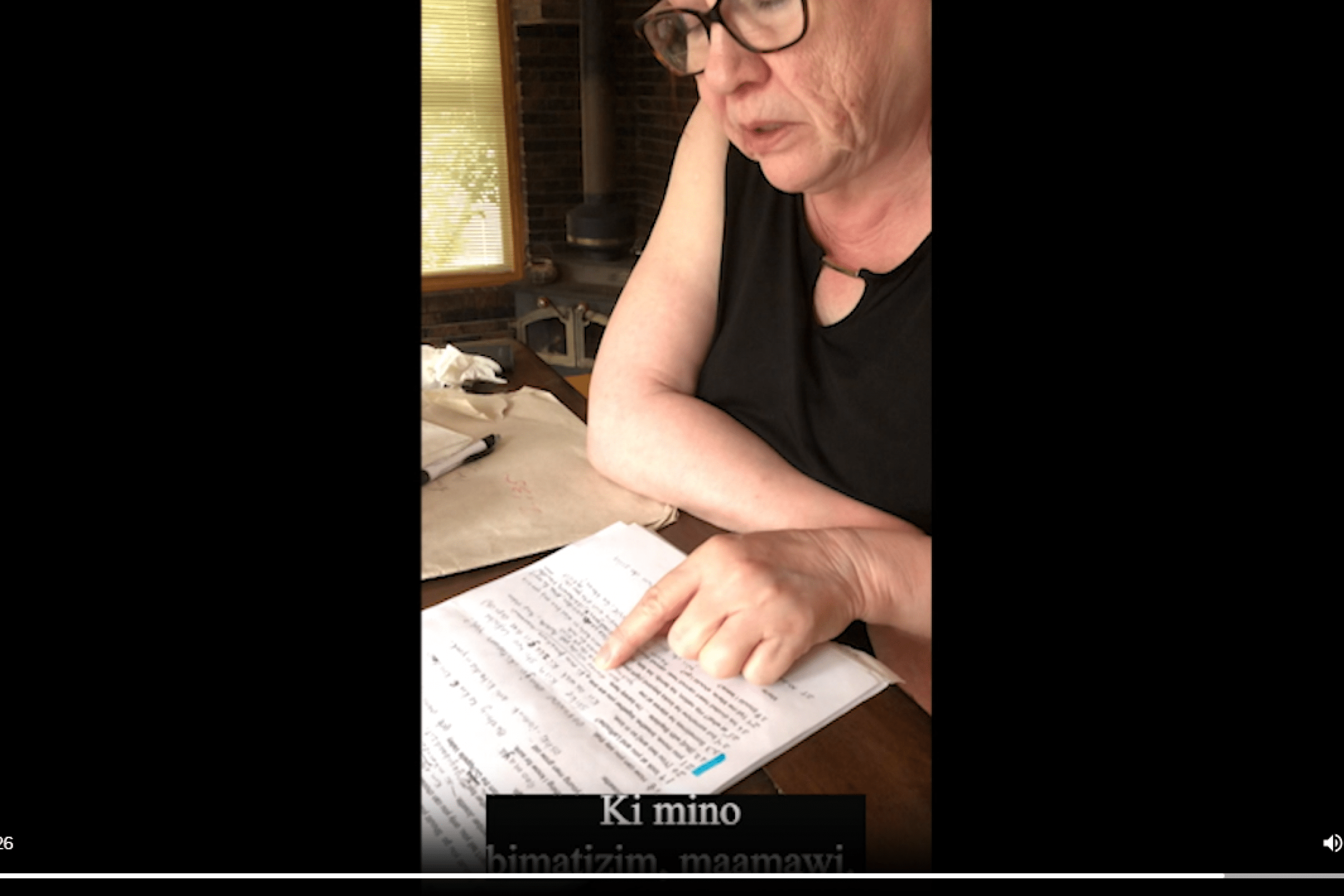 Donna Beach translating English language text into Anishinaabemowin for the Michif/Anishinaabemowin Pronunciation Database.