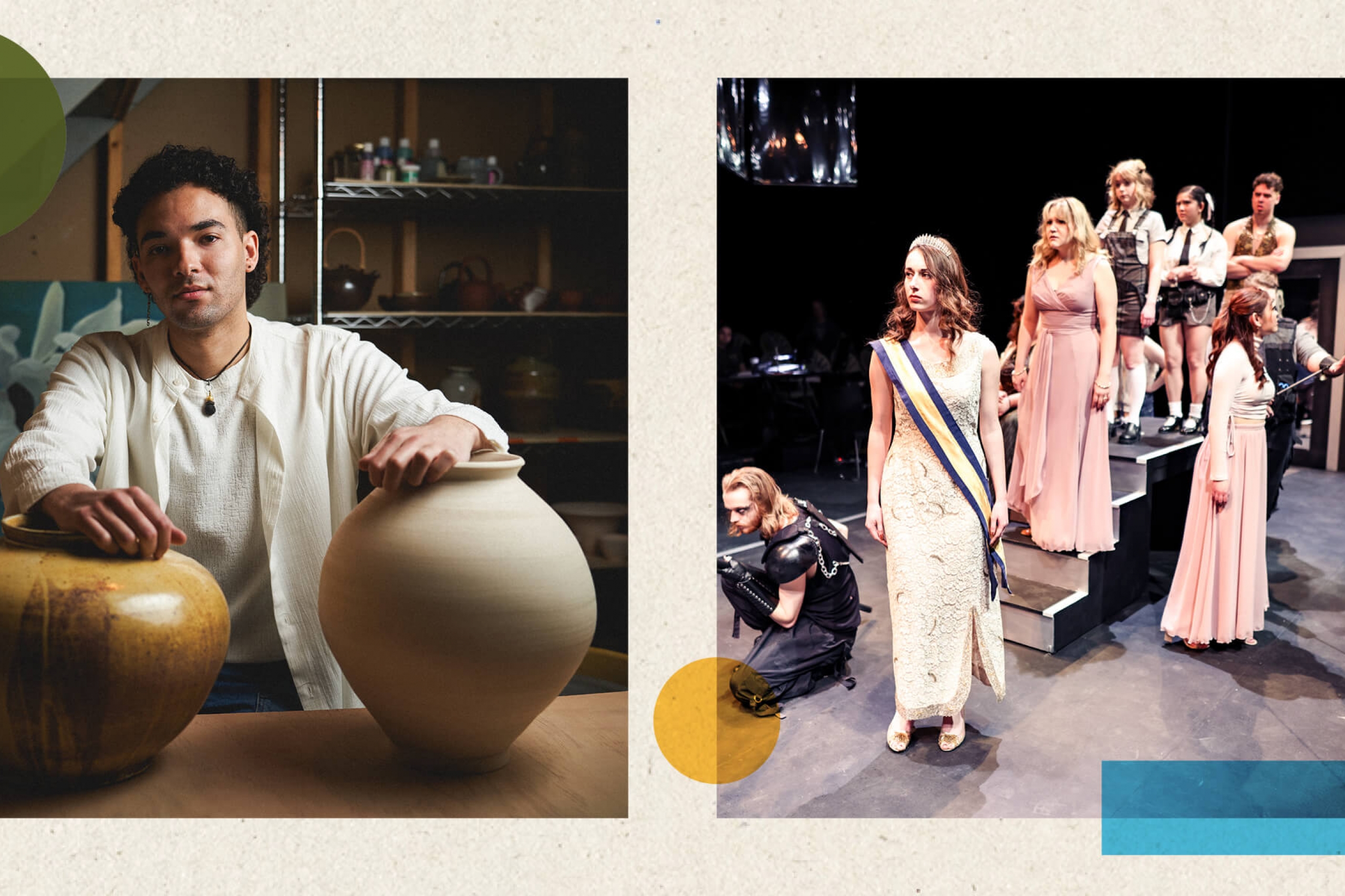 A grid of two images, showing Joel Nichols and cast from a theatre production