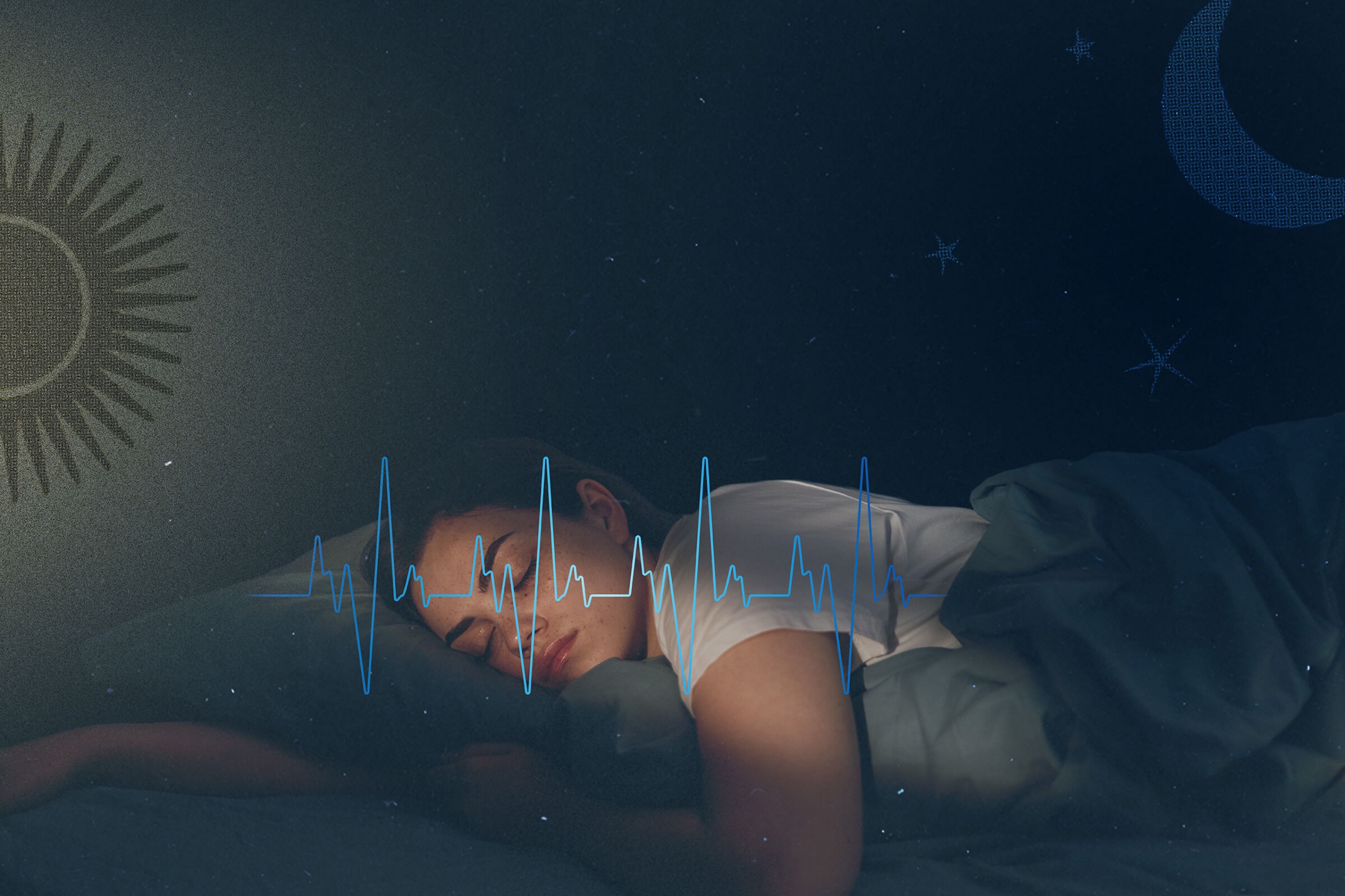 A woman sleeping with an image of heart beats over her head