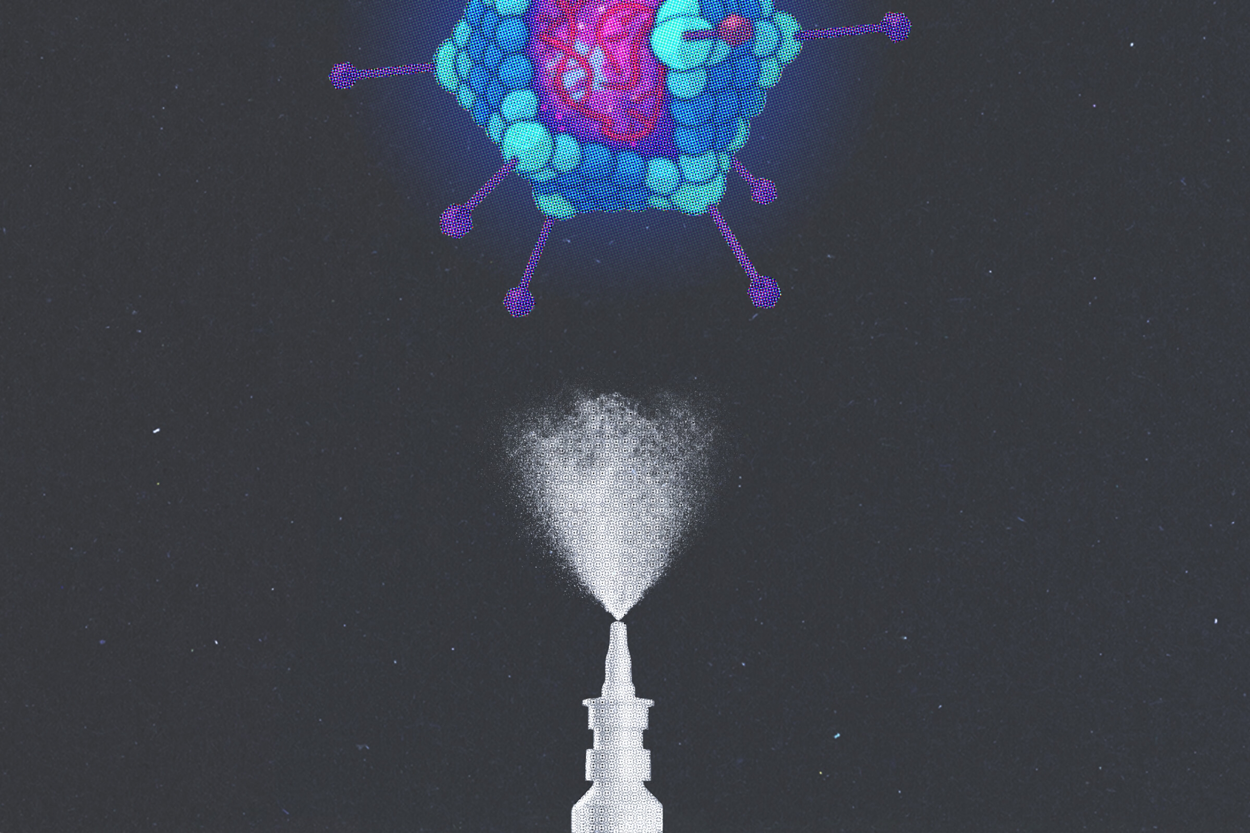 An illustrated collage of a virus above a nose spray bottle