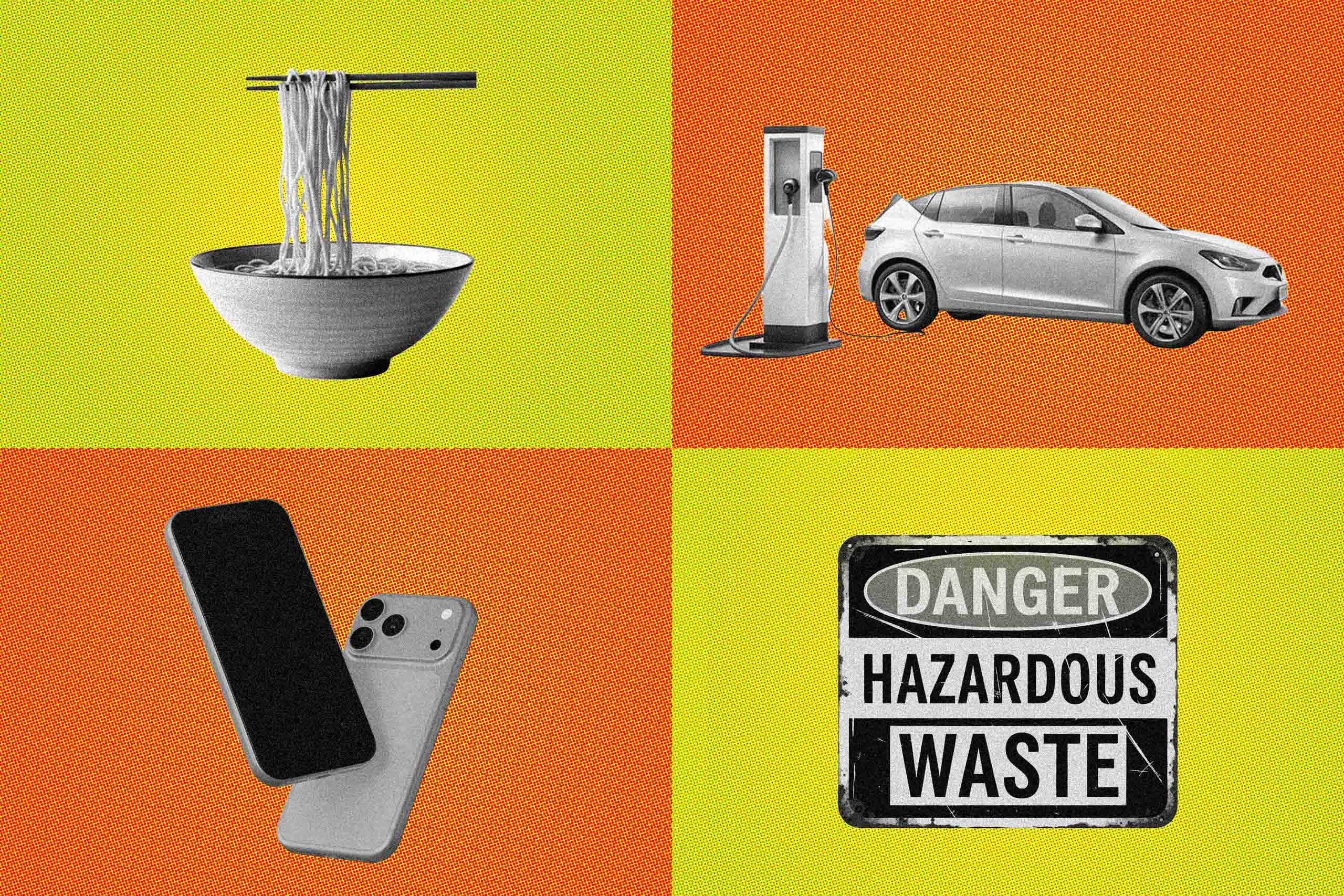 A grid showing noodle, an electric car, a smart phone and hazardous waste sign