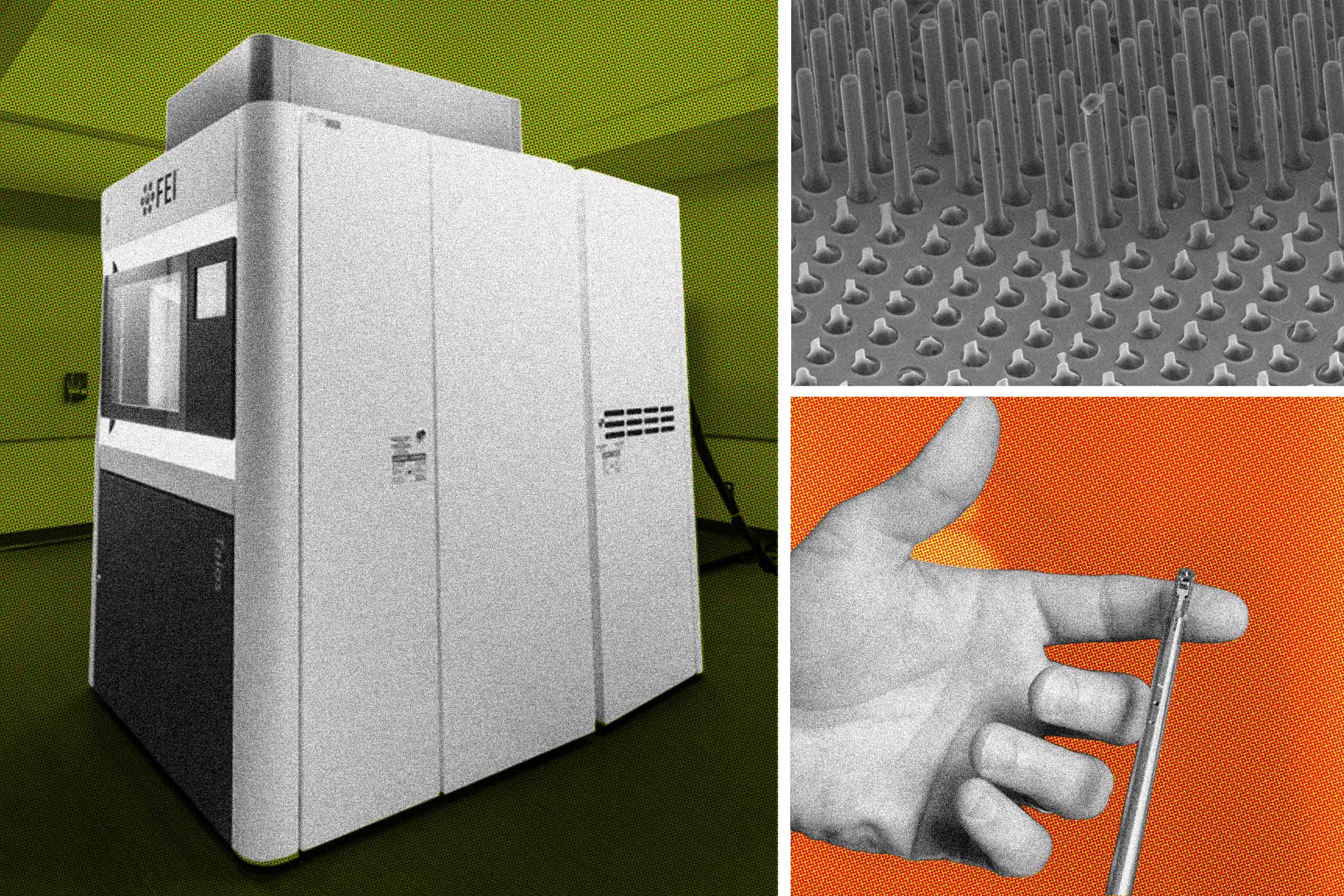 A grid showing equipment, a microscopic image and hand holding small device