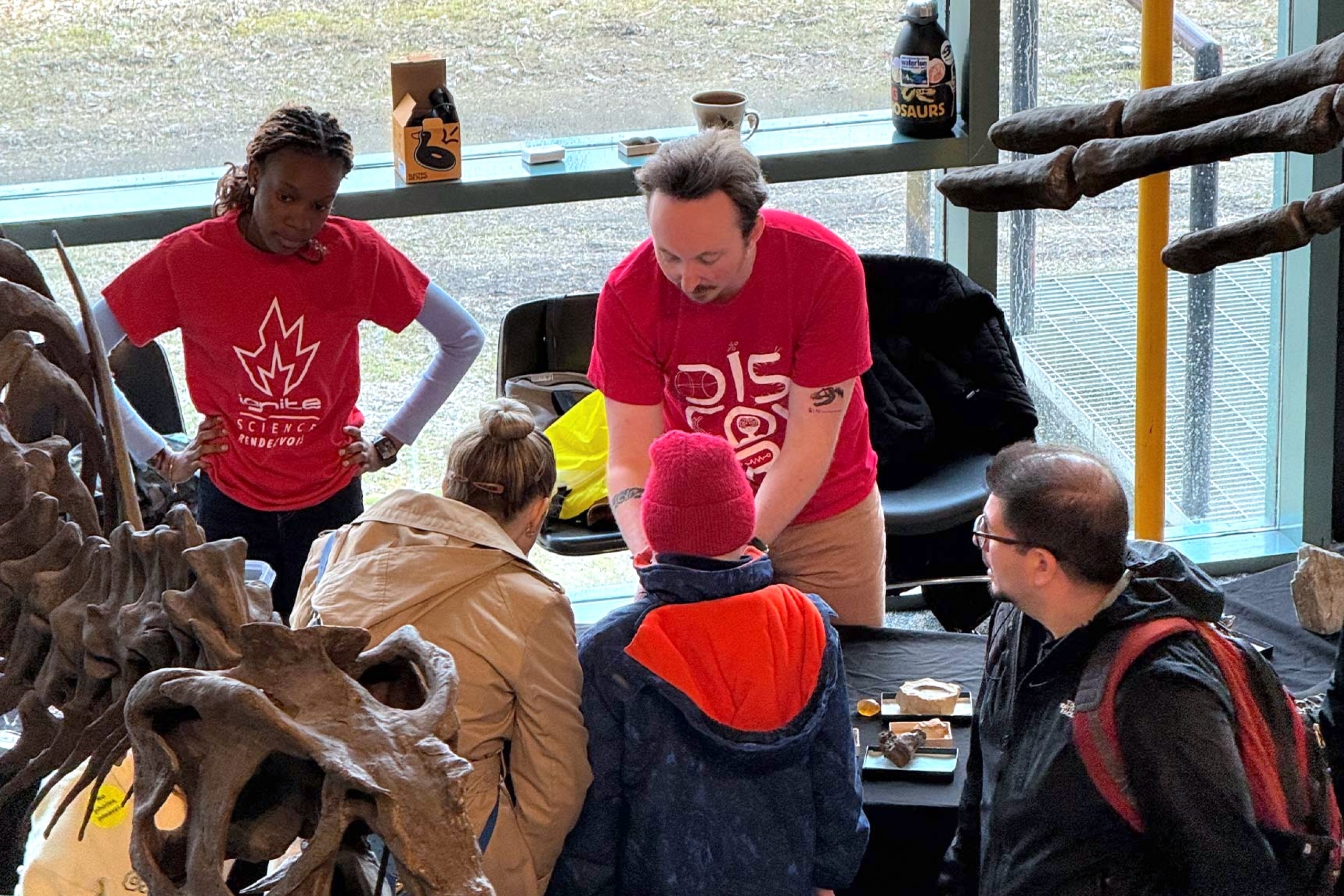 Science Rendezvous attendees looking at different fossils.