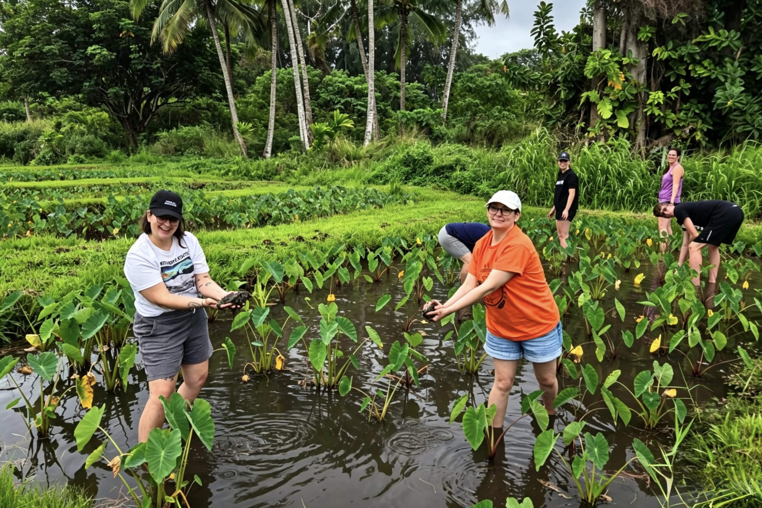 Participants harvest crops together during a land-based learning activity.