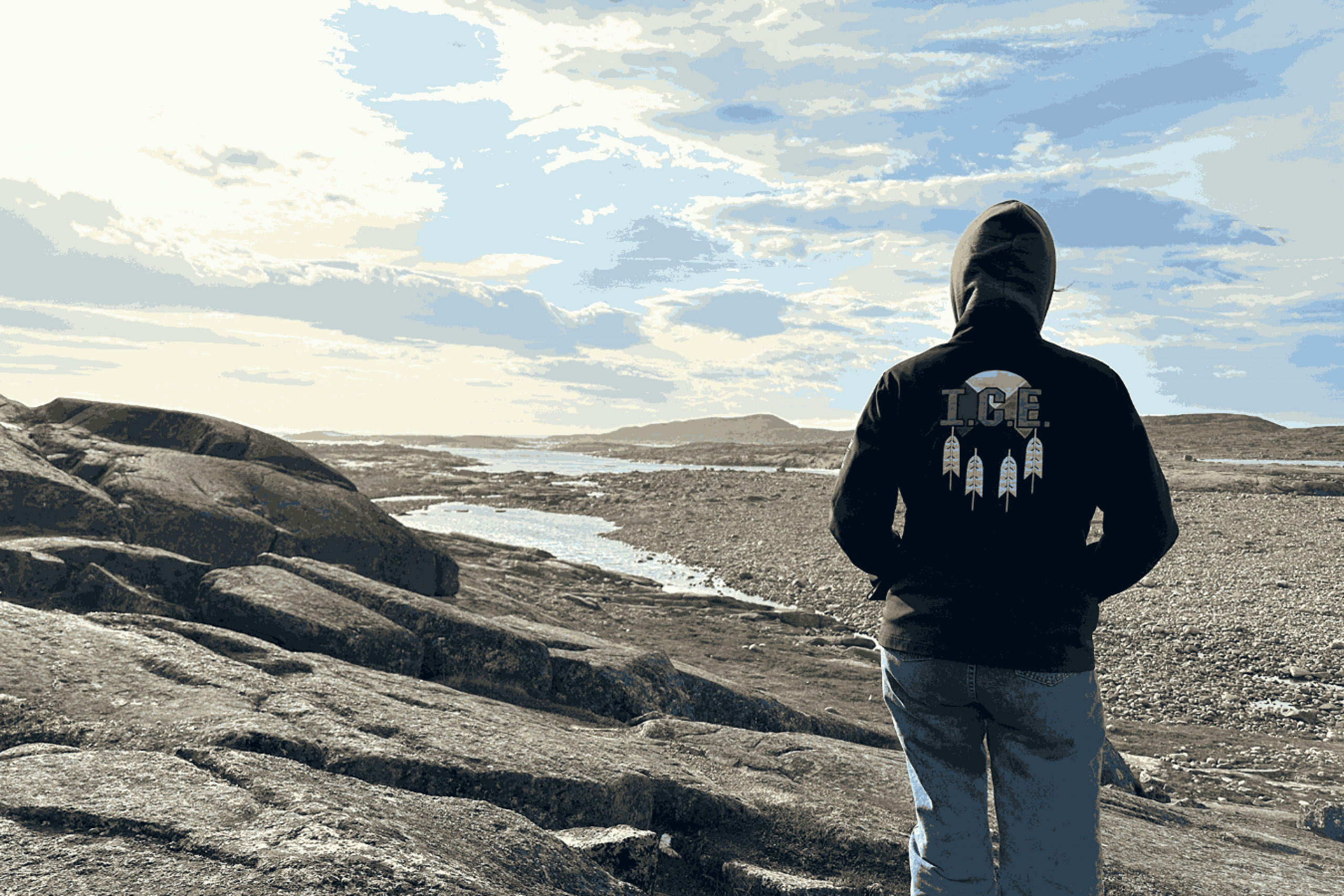 A person wearing an ICE hoodie stands on rocky terrain overlooking the Arctic landscape and water.